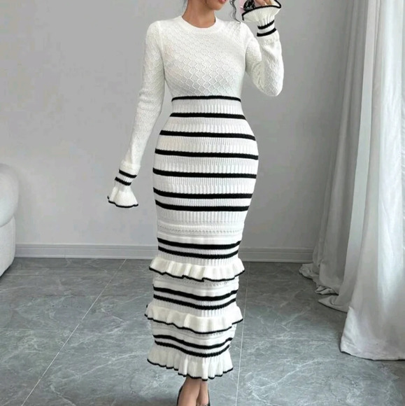 Women's Elegant Color Block Striped Ruffle Hem Fitted Maxi Sweater Dress - Picture 4 of 7